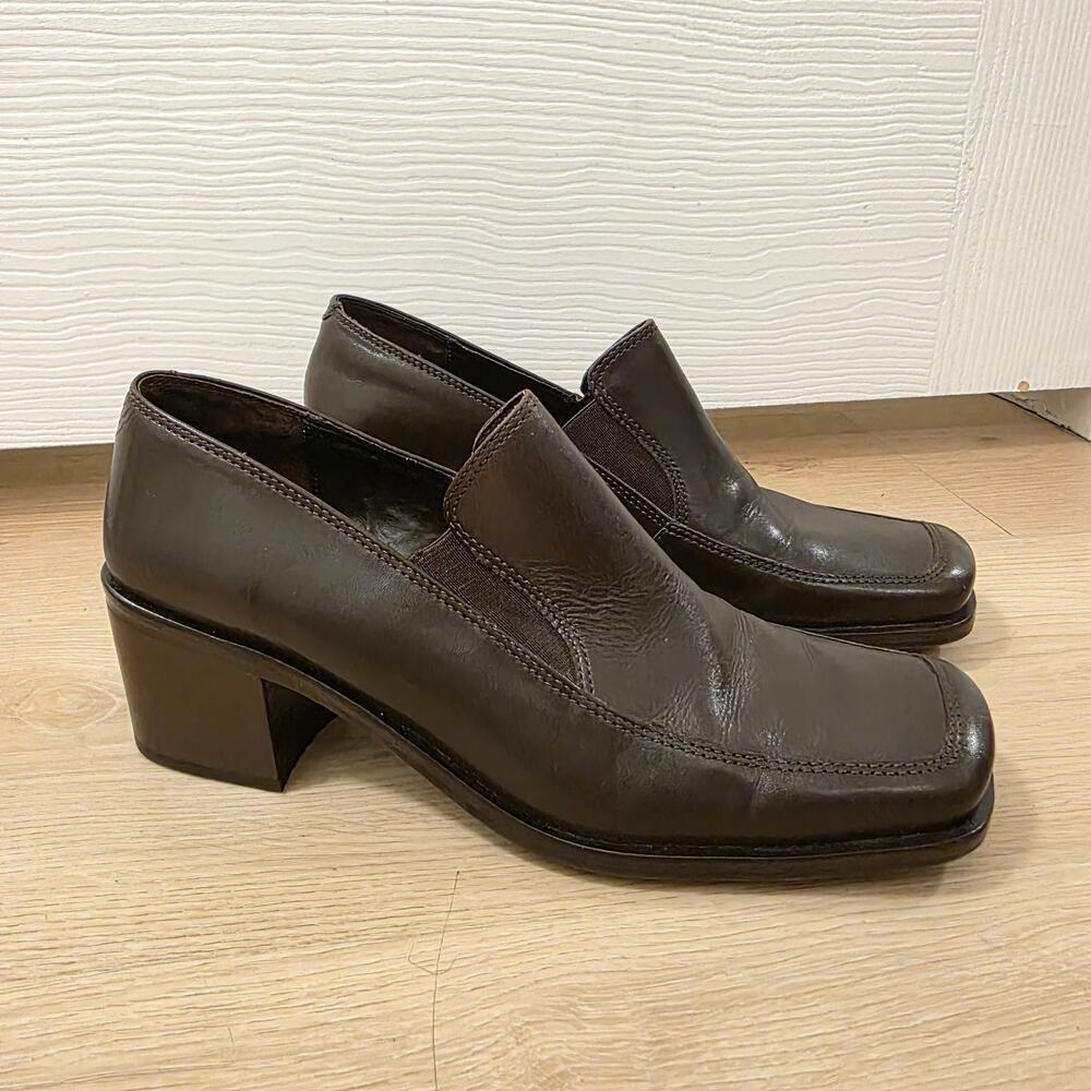 H&H Brown Leather Preppy Dark Academia School Girl Square Toe Heeled Loafer Sz 8